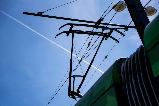 Train and blue sky. Photo.